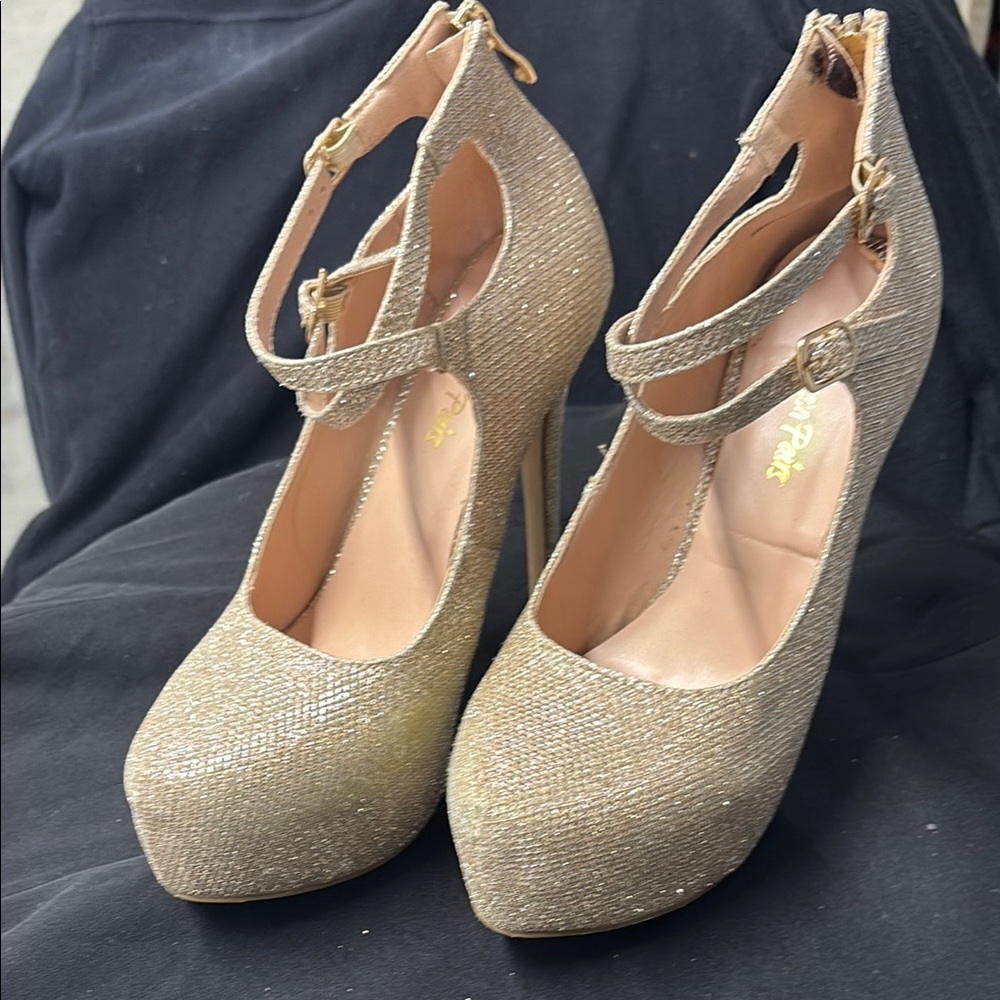 Dream Pairs Gold Glitter Heels with Double Ankle Straps